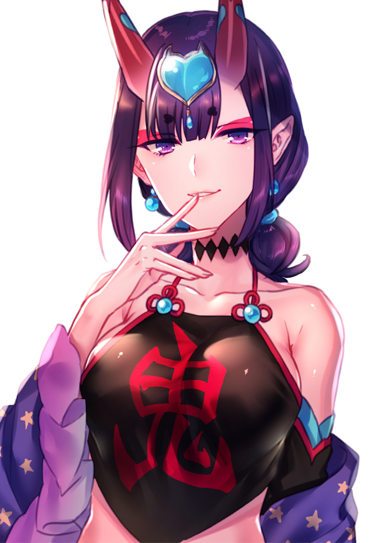 1girl alternate_breast_size bangs bare_shoulders black_choker blunt_bangs breasts chinese_clothes choker collarbone commentary detached_sleeves dudou earrings eyebrows_visible_through_hair eyeliner eyeshadow fate/grand_order fate_(series) finger_to_mouth frilled_sleeves frills gem grin hand_up headpiece heart horns jewelry large_breasts looking_at_viewer low_ponytail makeup medium_hair moe_(hamhamham) oni oni_horns parted_lips pointy_ears purple_hair short_eyebrows shuten_douji_(fate/grand_order) shuten_douji_(halloween_caster)_(fate) sidelocks simple_background smile solo star star_print thick_eyebrows upper_body violet_eyes white_background wide_sleeves