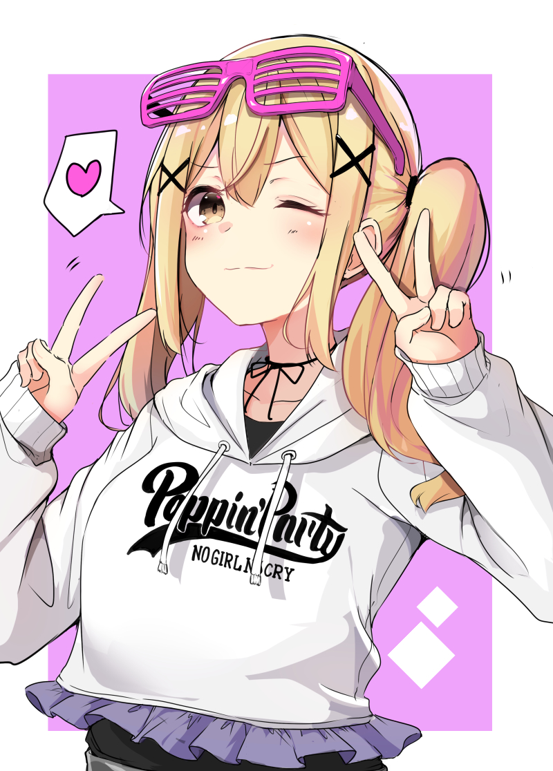 1girl ;) bang_dream! bangs blonde_hair blush brown_eyes closed_mouth clothes_writing collarbone double_v drawstring eyebrows_visible_through_hair eyewear_on_head frills group_name hair_between_eyes hair_ornament hands_up heart hood hood_down hoodie ichigaya_arisa itou_ayasa long_hair long_sleeves minato_yu one_eye_closed pink-framed_eyewear purple_background seiyuu_connection shutter_shades sleeves_past_wrists smile solo song_name spoken_heart twintails two-tone_background upper_body v white_background white_hoodie x_hair_ornament