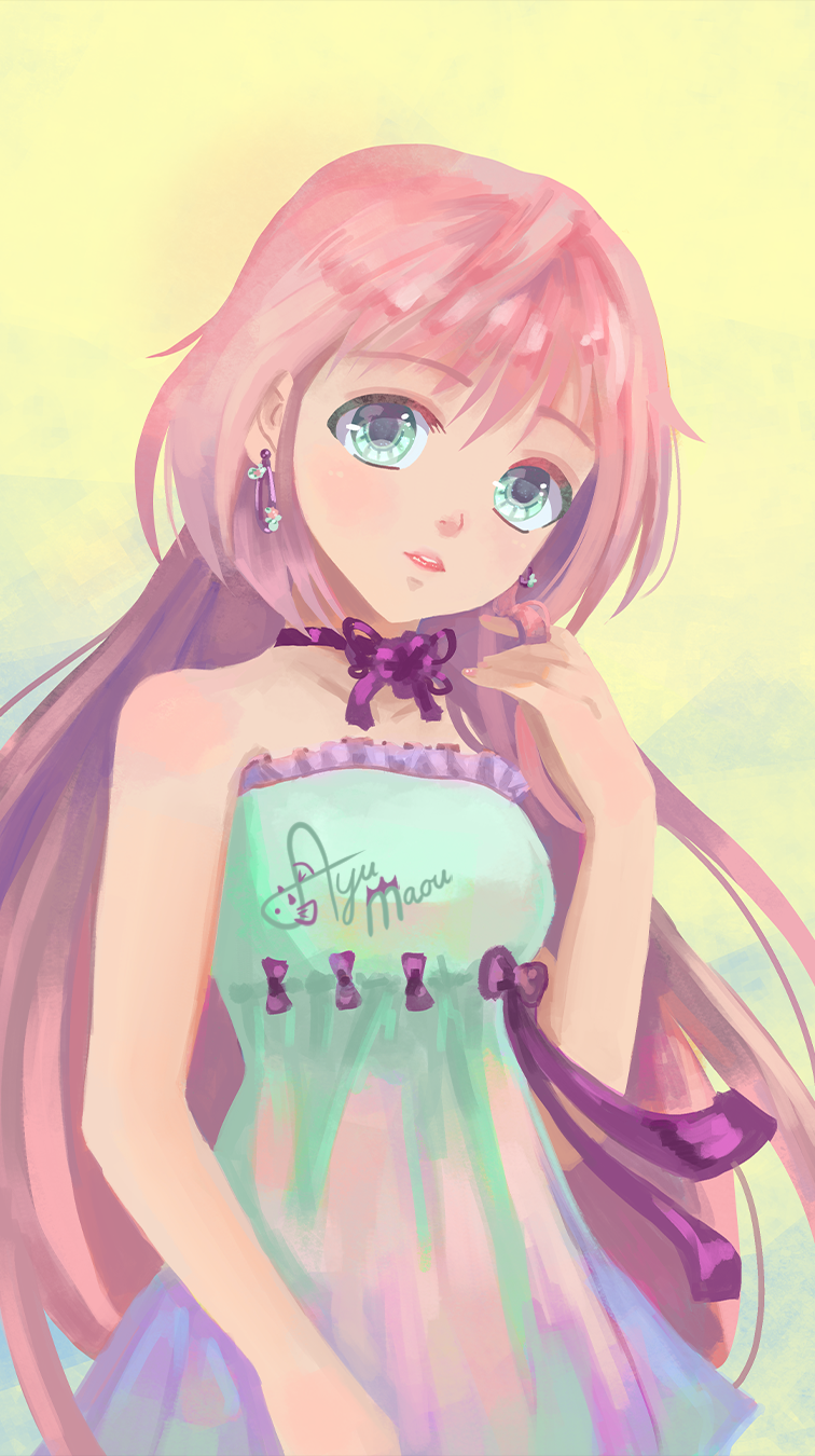 1girl aqua_dress aqua_eyes arm_at_side artist_name ayumaou bare_arms bare_shoulders breasts collarbone commentary dress earrings english_commentary fingernails gradient gradient_background hair_between_eyes hand_in_hair head_tilt highres jewelry lips long_hair looking_at_viewer medium_breasts neck_ribbon no_lineart original parted_lips pink_hair purple_ribbon ribbon solo standing strapless strapless_dress thick_eyebrows upper_body very_long_hair yellow_background