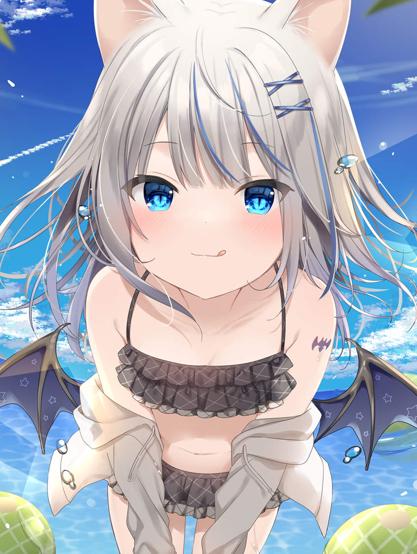 1girl :q bangs bare_shoulders bat_wings bikini black_bikini blue_hair blue_sky closed_mouth clouds collarbone commentary_request day drawstring eyebrows_visible_through_hair grey_hair hair_ornament hairclip horizon leaning_forward long_hair long_sleeves looking_at_viewer mafuyu_(chibi21) multicolored_hair navel original outdoors purple_wings sky smile solo star streaked_hair swimsuit tongue tongue_out water water_drop wings x_hair_ornament