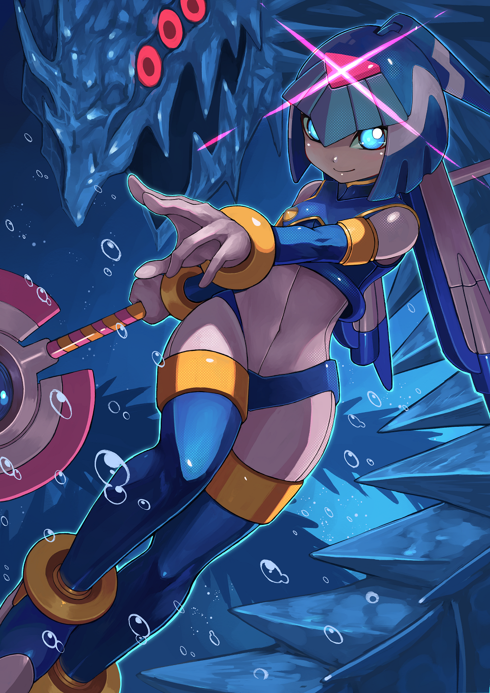 1girl android blue_eyes bodysuit boots breasts bubble commentary_request covered_navel glowing glowing_eyes helmet highres holding holding_weapon ice ice_dragon leviathan_(rockman) polearm red_eyes rockman rockman_zero small_breasts smile solo tesshii_(riza4828) thigh-highs thigh_boots underwater weapon