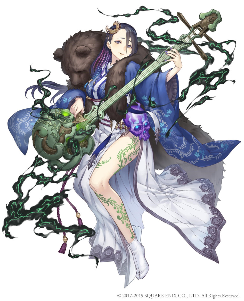 1girl animal_pelt asymmetrical_hair bear black_hair braid breasts full_body grey_eyes hair_between_eyes hair_ornament instrument instrument_request japanese_clothes ji_no kaguya_hime_(sinoalice) kimono large_breasts looking_at_viewer music nail_polish official_art playing_instrument sinoalice skull smile smoke solo tattoo white_background white_legwear