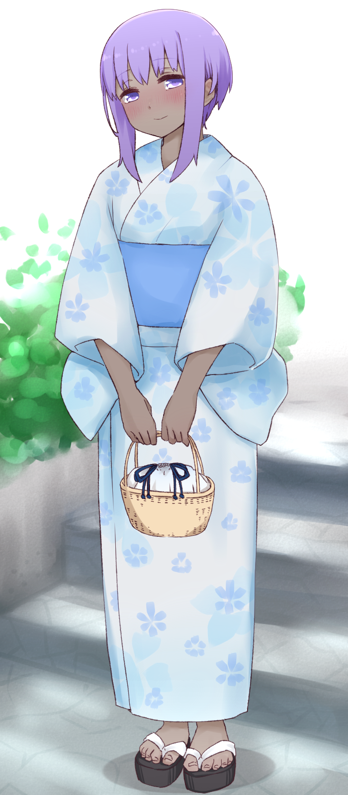 1girl bangs basket black_footwear blue_kimono blush closed_mouth dark_skin eyebrows_visible_through_hair fate/prototype fate/prototype:_fragments_of_blue_and_silver fate_(series) floral_print hassan_of_serenity_(fate) head_tilt highres holding holding_basket i.u.y japanese_clothes kimono nose_blush obi print_kimono purple_hair sash smile solo stairs standing stone_stairs toenails violet_eyes zouri