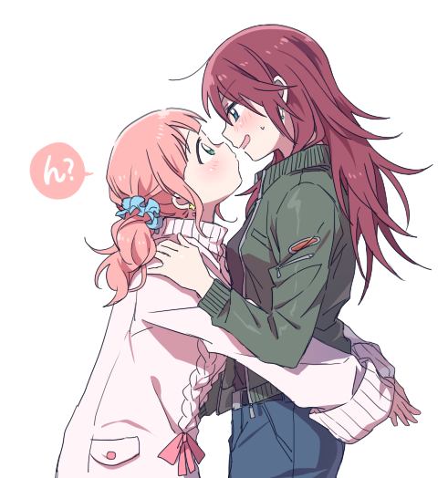 2girls bang_dream! bangs blue_eyes blue_scrunchie blush denim eye_contact face-to-face from_side green_eyes green_jacket hair_ornament hair_scrunchie hands_on_another's_shoulders hug jacket jeans long_hair long_sleeves looking_at_another multiple_girls open_mouth pants pink_hair pink_ribbon re_ghotion redhead ribbon scrunchie simple_background sweatdrop sweater twintails udagawa_tomoe uehara_himari white_background white_sweater yuri