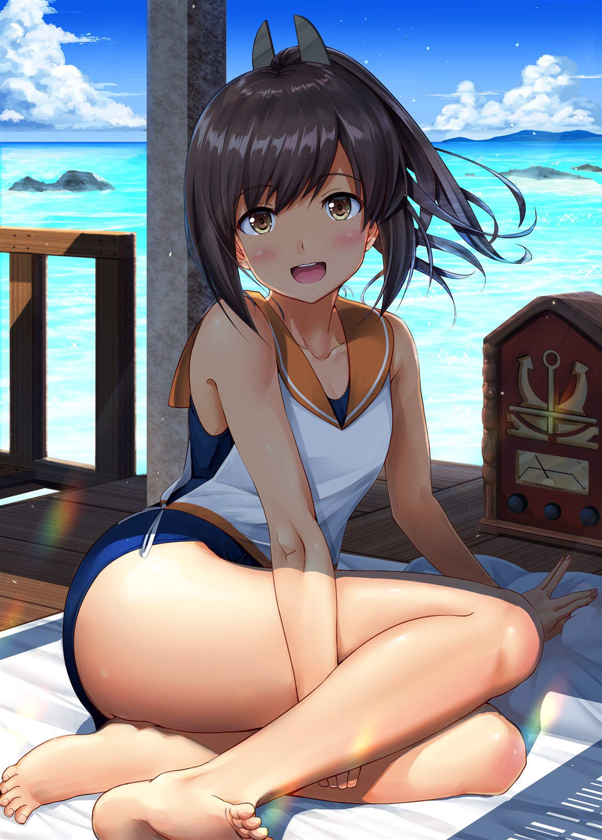 1girl :d bare_shoulders barefoot beach blue_sky blush brown_eyes brown_hair clouds collarbone day hair_ornament hairclip highres i-401_(kantai_collection) ichikawa_feesu kantai_collection long_hair looking_at_viewer name_tag ocean one-piece_swimsuit open_mouth outdoors ponytail sailor_collar school_swimsuit school_uniform serafuku shade short_ponytail sitting sky smile solo swimsuit swimsuit_under_clothes tan tanline thighs yokozuwari