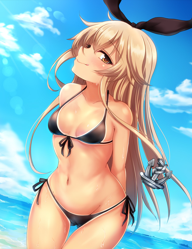 1girl :q anchor_hair_ornament arms_behind_back bangs bare_shoulders bikini black_bikini black_ribbon blonde_hair blue_sky blush breasts brown_hair clouds collarbone cowboy_shot day eyebrows_visible_through_hair groin hair_ornament hair_ribbon kantai_collection licking_lips long_hair looking_at_viewer myuu_(arisumeria) navel outdoors ribbon shimakaze_(kantai_collection) sidelocks sky small_breasts solo stomach swimsuit tan thighs tongue tongue_out wet