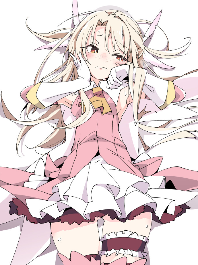 1girl ascot blonde_hair blush brown_eyes closed_mouth eyebrows_visible_through_hair fate/kaleid_liner_prisma_illya fate_(series) feathers frilled_skirt frills gloves illyasviel_von_einzbern ixy leg_garter long_hair looking_to_the_side magical_girl prisma_illya simple_background skirt solo sweat white_background white_gloves white_skirt yellow_neckwear