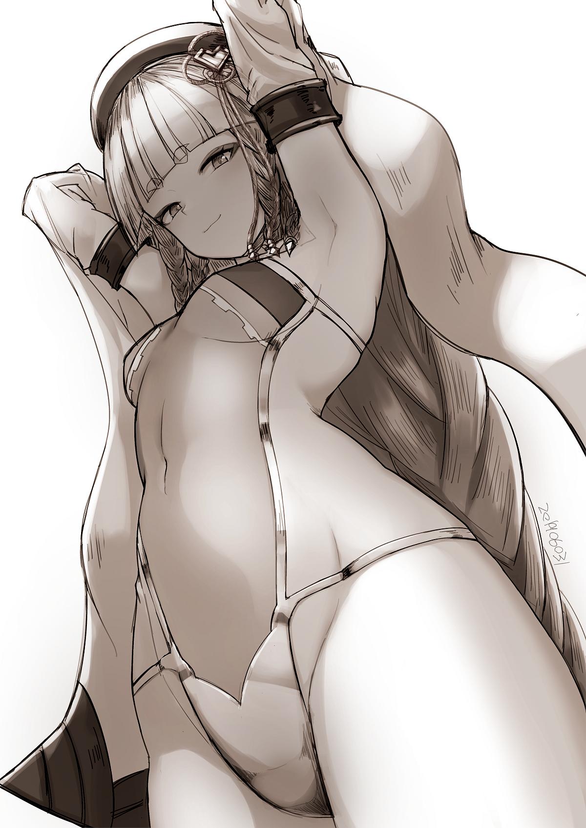 1girl arms_behind_head arms_up bangs beret blunt_bangs braid breasts closed_mouth commentary_request covered_navel eyebrows_visible_through_hair granblue_fantasy greyscale hat highres leotard long_hair looking_at_viewer looking_down monochrome nosuku pholia signature simple_background sleeveless small_breasts smile solo wide_sleeves