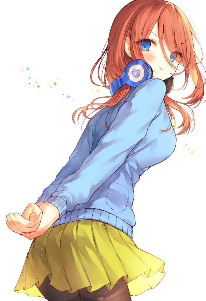 1girl arms_behind_back black_legwear blue_eyes blush breasts brown_hair cardigan closed_mouth eyebrows_visible_through_hair go-toubun_no_hanayome green_skirt headphones headphones_around_neck kh_(kh_1128) large_breasts long_hair long_sleeves looking_at_viewer nakano_miku pantyhose pouty_lips skirt solo