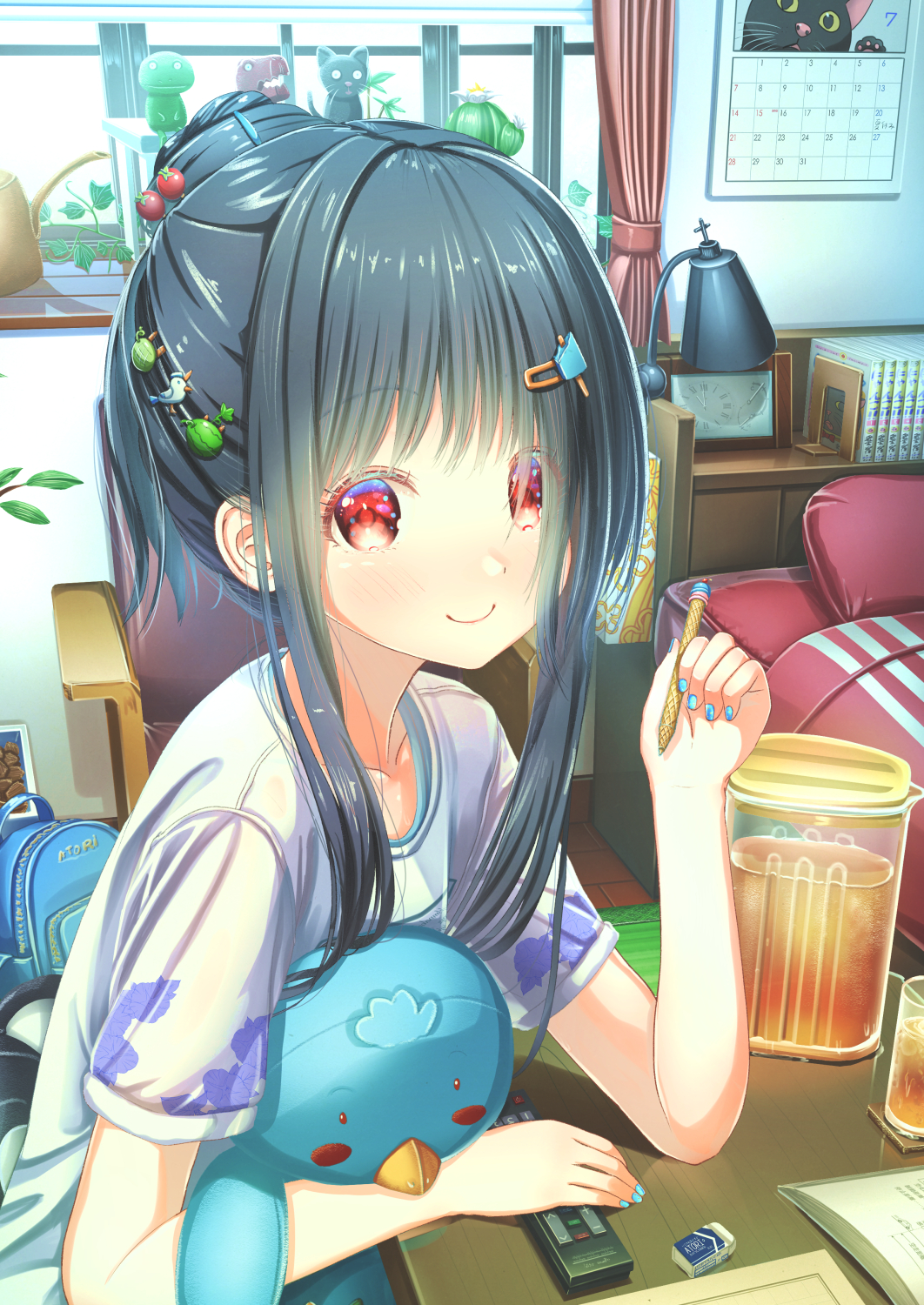 1girl abo_(kawatasyunnnosukesabu) backpack backpack_removed bag bangs bed bedroom bird_hair_ornament black_hair blue_nails blush book bookend cactus calendar_(object) chair clock coaster commentary_request controller cup curtains day desk_lamp drinking_glass elbows_on_table eraser floral_print food_themed_hair_ornament hair_bun hair_ornament hairclip hairpin highres holding holding_pen holding_stuffed_animal indoors lamp long_hair looking_at_viewer melon_hair_ornament nail_polish open_book original pen pitcher plant popsicle_hair_ornament print_shirt red_eyes remote_control shelf shirt short_sleeves sidelocks smile solo stuffed_animal stuffed_bird stuffed_toy table tomato_hair_ornament upper_body vines watering_can watermelon_hair_ornament window