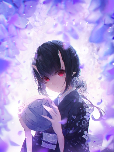 1girl ball bang black_hair black_kimono crystalherb finger_gun floral_print flower holding_bell japanese_clothes kimono looking_at_viewer lowres oni original pointy_ears red_eyes smile upper_body wisteria