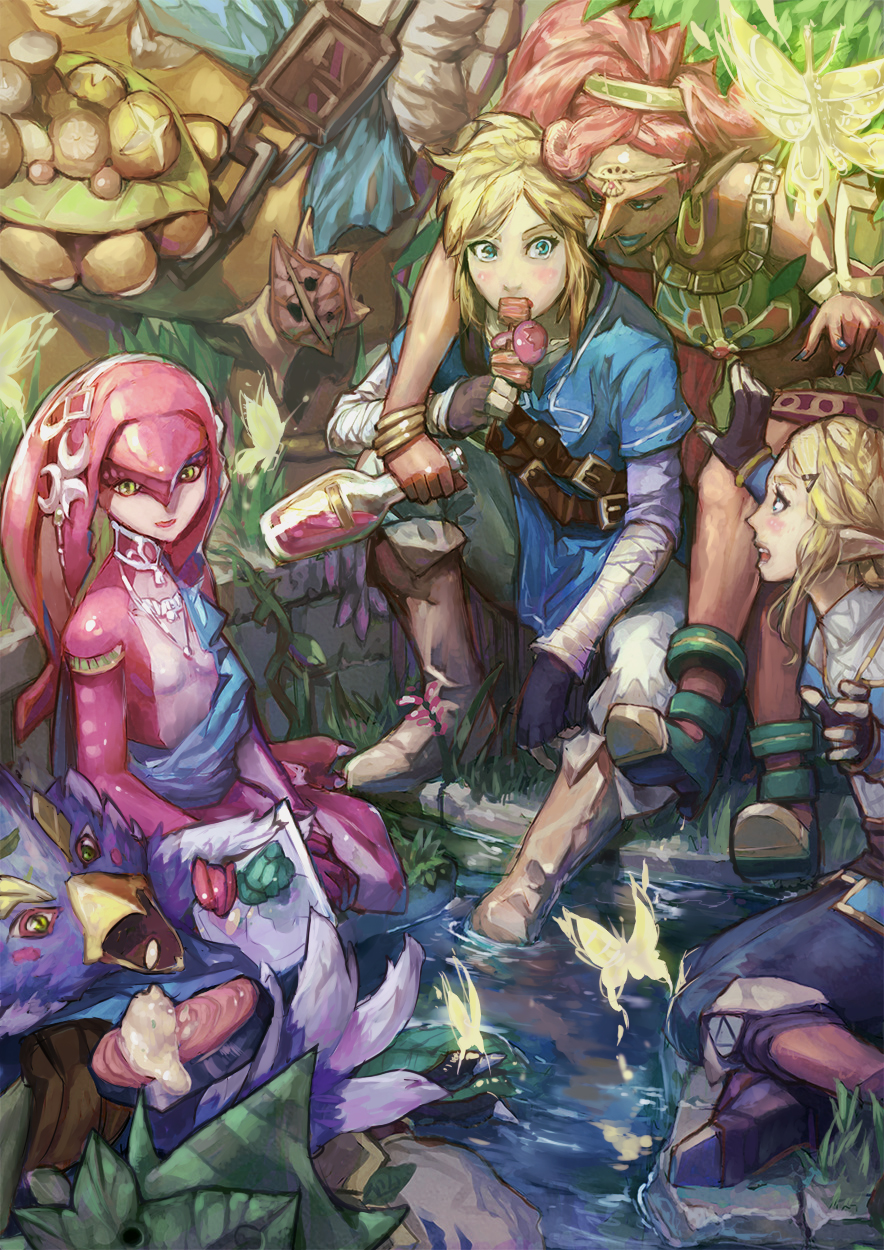 3boys 3girls arm_around_neck arm_rest beak blonde_hair blue_eyes boots bottle braid bug butterfly crossed_legs crown_braid dark_skin daruk day earrings eating fingerless_gloves fingernails fish_girl food friends gerudo gloves goron green_eyes hand_up highres holding holding_bottle holding_food insect jewelry link lips lipstick long_hair looking_at_another looking_up makeup mipha monster_girl multiple_boys multiple_girls nail_polish open_mouth outdoors pants pendant pointing pointy_ears princess_zelda red_skin redhead revali rito shoes shrimqsleeq sidelocks sitting smile standing the_legend_of_zelda the_legend_of_zelda:_breath_of_the_wild tunic urbosa water zora