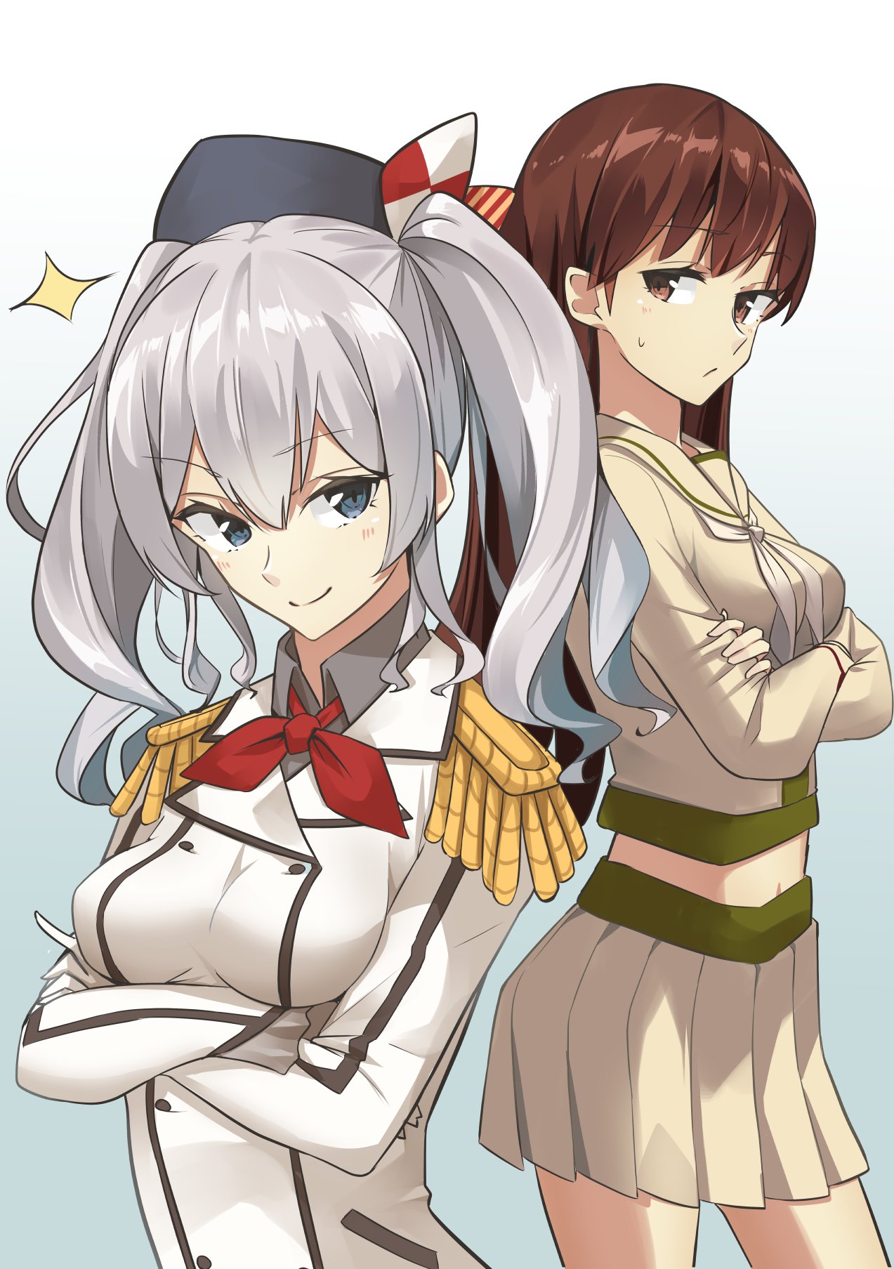 2girls beige_shirt beige_skirt beret black_headwear blue_eyes breasts brown_eyes brown_hair buttons contrapposto cowboy_shot crossed_arms epaulettes gloves gradient gradient_background hat highres jacket kantai_collection kashima_(kantai_collection) large_breasts long_hair long_sleeves looking_at_viewer military_jacket multiple_girls neckerchief negahami ooi_(kantai_collection) pleated_skirt red_neckwear remodel_(kantai_collection) school_uniform serafuku sidelocks silver_hair skirt smug tsurime twintails wavy_hair white_gloves white_jacket white_neckwear