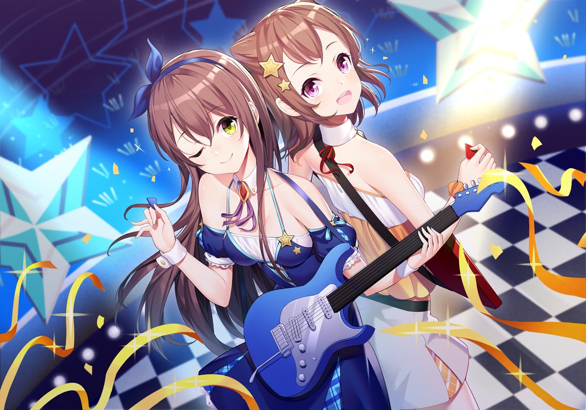 2girls :d ;) bang_dream! bare_shoulders blue_dress blue_hairband blue_ribbon blue_sleeves blush breasts brown_hair brown_shirt character_request checkered checkered_floor closed_mouth collar collarbone commentary_request confetti detached_collar detached_sleeves dress dutch_angle electric_guitar glowstick green_eyes guitar hair_ornament hair_ribbon hairband hand_up holding holding_instrument instrument long_hair looking_at_viewer looking_to_the_side medium_breasts multiple_girls neck_ribbon one_eye_closed open_mouth orange_scrunchie pleated_skirt plectrum puffy_short_sleeves puffy_sleeves purple_ribbon ribbon ririko_(zhuoyandesailaer) round_teeth scrunchie shirt short_sleeves skirt sleeveless sleeveless_dress smile standing star star_hair_ornament streamers teeth toyama_kasumi upper_teeth very_long_hair violet_eyes white_collar white_skirt wrist_cuffs wrist_scrunchie