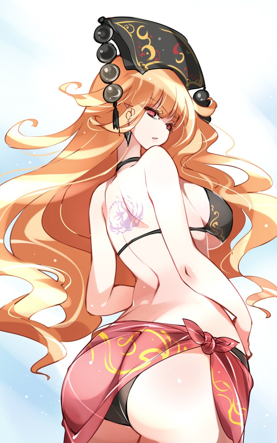 1girl ass back_tattoo bangs bare_arms bare_shoulders bikini black_bikini blonde_hair breasts commentary_request cowboy_shot earrings eyebrows_visible_through_hair from_behind halterneck headdress highres jewelry junko_(touhou) large_breasts long_hair looking_at_viewer looking_back no_nose parted_lips pointy_ears raptor7 red_eyes sarong solo standing swimsuit tassel tattoo touhou very_long_hair white_background