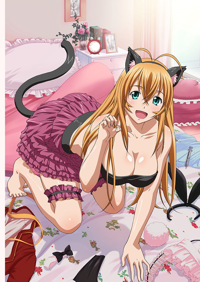 1girl :d all_fours animal_ears aqua_eyes barefoot bedroom black_hairband blonde_hair breasts cat_ears cat_tail clock collarbone earrings eyebrows_visible_through_hair fake_animal_ears fang frilled_pillow frills garter_straps hair_between_eyes hairband ikkitousen indoors jewelry large_breasts layered_skirt long_hair looking_at_viewer miniskirt open_mouth paw_pose pillow pink_pillow purple_skirt shiny shiny_hair shiny_skin skirt smile solo sonsaku_hakufu straight_hair strapless tail very_long_hair