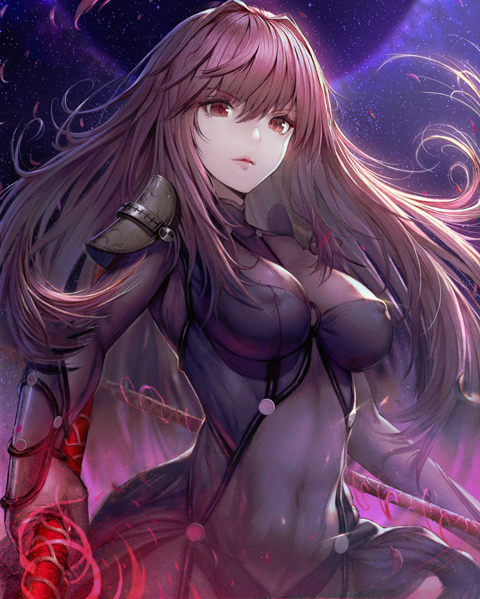 1girl bangs bodysuit breasts closed_mouth commentary covered_navel covered_nipples dual_wielding eyebrows_visible_through_hair fate/grand_order fate_(series) gae_bolg hisahisahisahisa holding light_particles lips long_hair looking_at_viewer medium_breasts pauldrons polearm purple_bodysuit purple_hair red_eyes redhead revision scathach_(fate)_(all) scathach_(fate/grand_order) skin_tight solo spear standing static weapon
