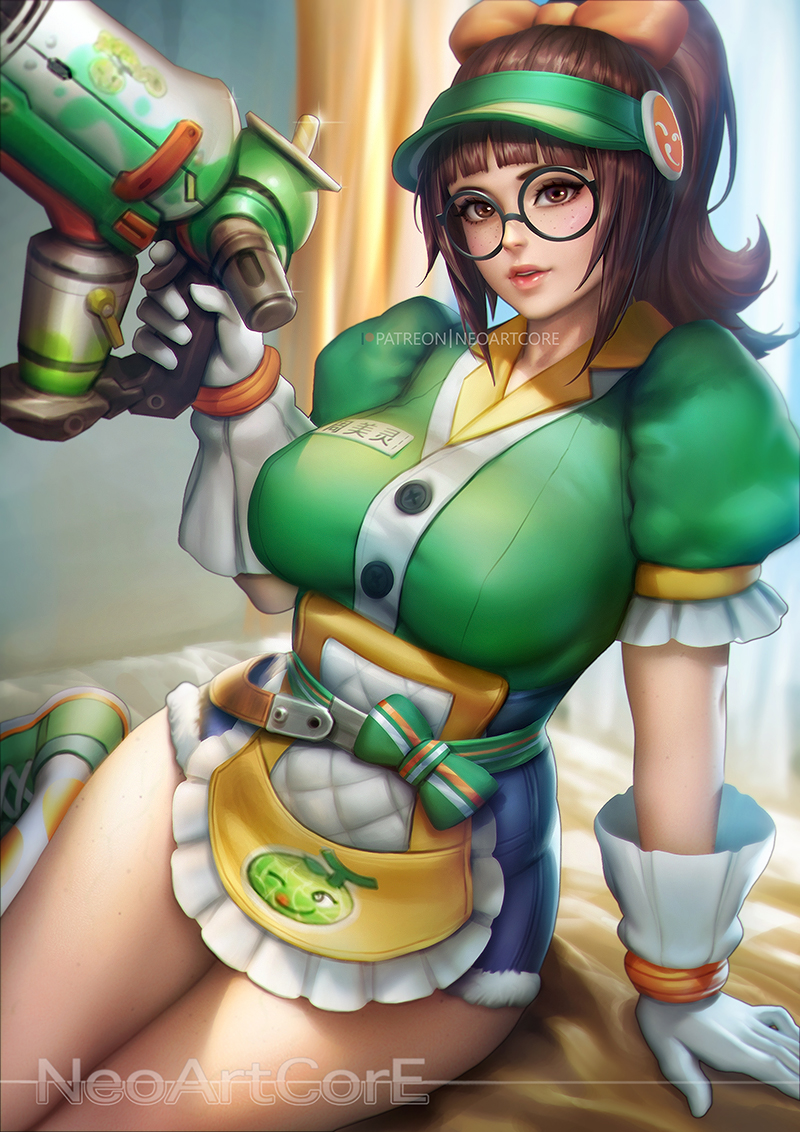 1girl alternate_costume bed black-framed_eyewear bow breasts brown_eyes brown_hair freckles gloves hair_bow large_breasts long_hair looking_at_viewer mei_(overwatch) nudtawut_thongmai orange_bow overwatch solo sunlight thick_thighs thighs white_gloves wide_hips window