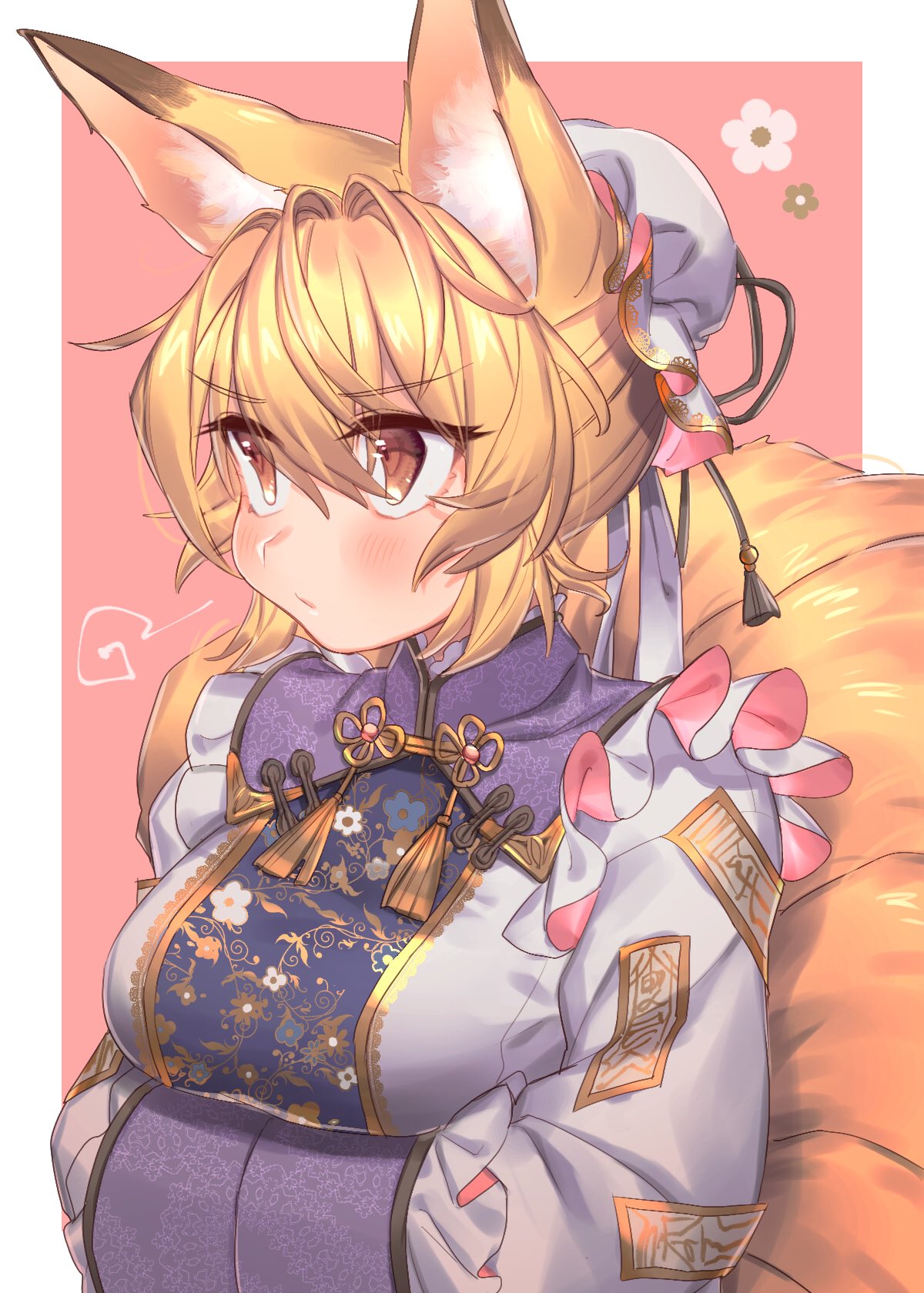 1girl =3 animal_ear_fluff animal_ears bangs blonde_hair blush border breasts brown_eyes bun_cover commentary_request dress eyebrows_visible_through_hair floral_print fox_ears fox_tail hair_between_eyes hair_bun highres large_breasts long_sleeves masanaga_(tsukasa) multiple_tails no_hat no_headwear ofuda outside_border pink_background short_hair sidelocks simple_background solo tabard tail touhou upper_body white_border white_dress wide_sleeves yakumo_ran