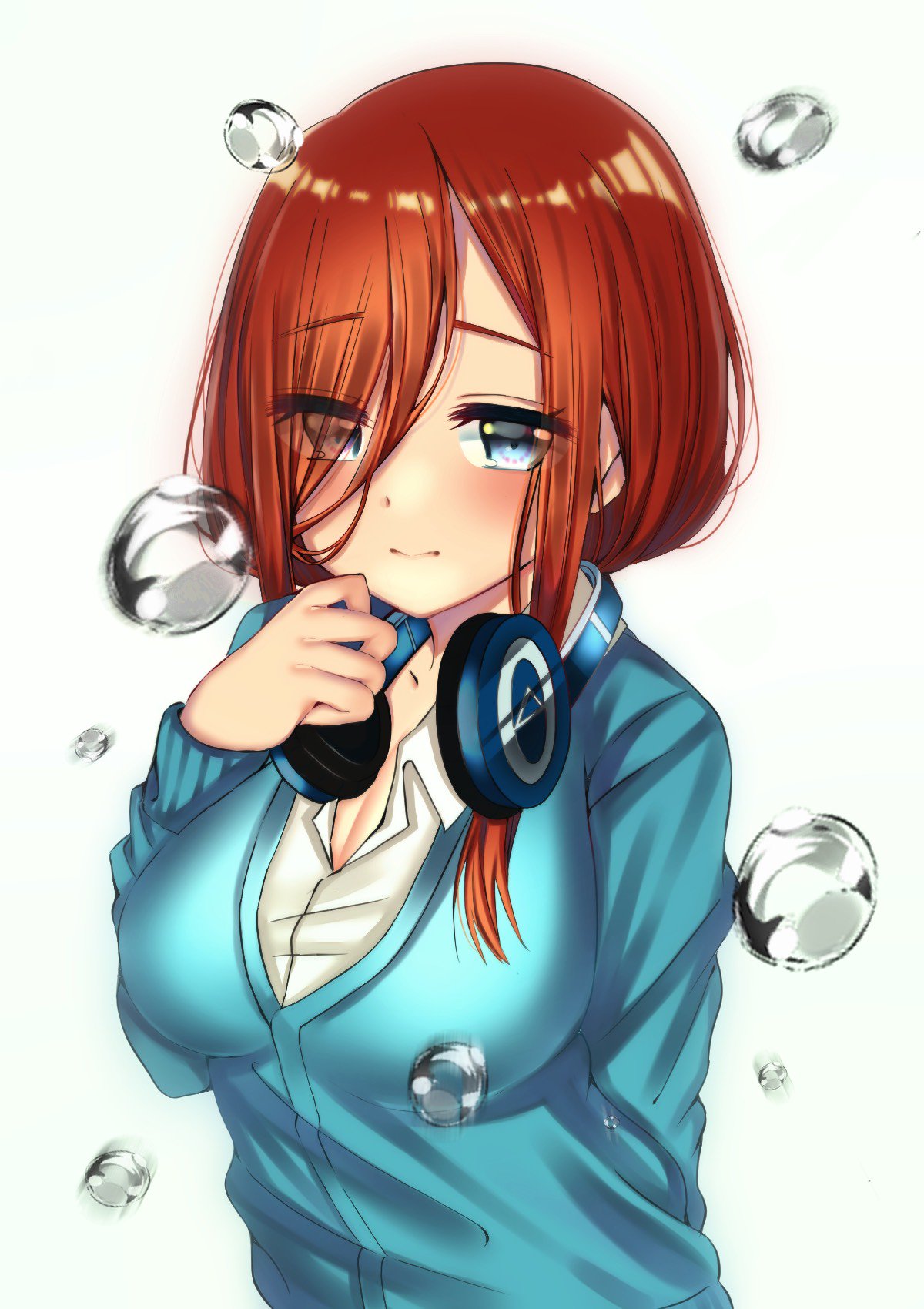 1girl bangs blue_cardigan blue_eyes blush breasts brown_hair cardigan closed_mouth collared_shirt commentary_request droplets eyebrows_visible_through_hair eyes_visible_through_hair go-toubun_no_hanayome hair_between_eyes headphones headphones_around_neck highres large_breasts long_sleeves medium_hair nakano_miku shi2280 shirt water water_drop white_shirt