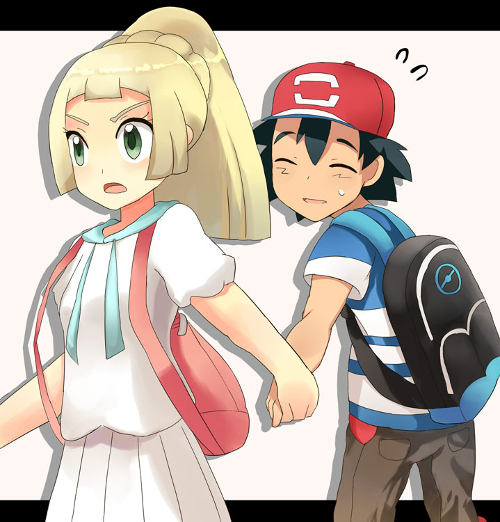 1boy 1girl black_hair blonde_hair kuriyama lillie_(pokemon) pokemon pokemon_(anime) pokemon_(game) pokemon_sm pokemon_sm_(anime) satoshi_(pokemon)