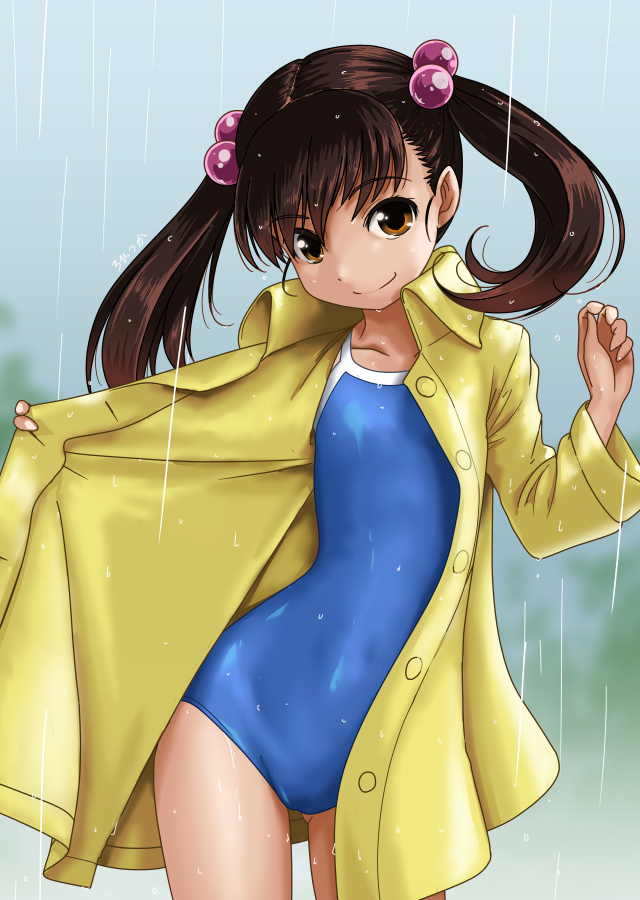1girl ass_visible_through_thighs blue_swimsuit brown_eyes brown_hair collarbone commentary_request competition_school_swimsuit contrapposto flat_chest long_hair looking_at_viewer open_clothes original rain raincoat rohitsuka school_swimsuit smile solo standing swimsuit