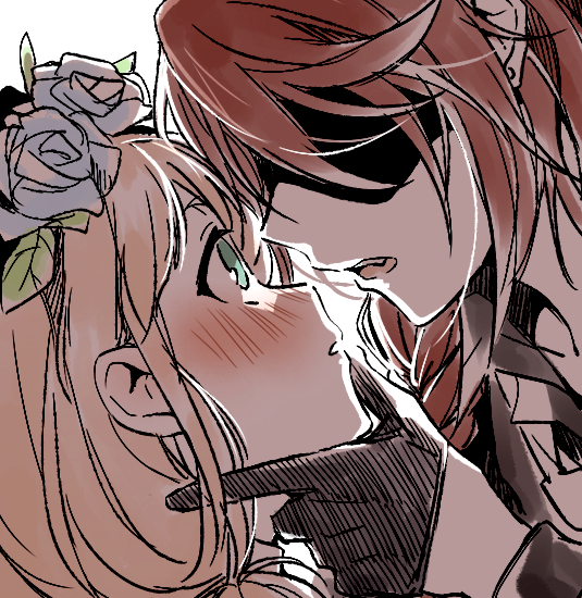 2girls bang_dream! bangs black_gloves blue_flower blue_rose blush braid chin_grab eyepatch face-to-face flower gloves green_eyes half_gloves hand_on_another's_chin head_wreath long_hair multiple_girls pink_hair re_ghotion redhead rose udagawa_tomoe uehara_himari yuri