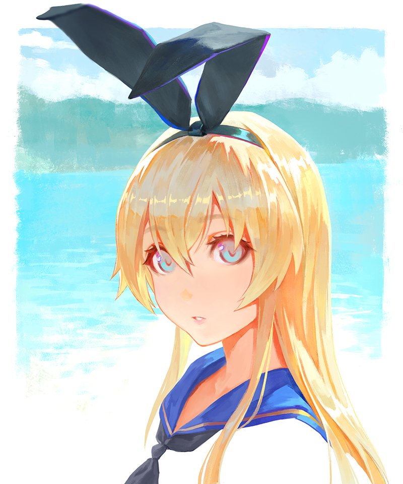 1girl blonde_hair commentary_request day hair_between_eyes hairband kantai_collection long_hair looking_at_viewer mountainous_horizon ocean portrait sailor_collar school_uniform serafuku shimakaze_(kantai_collection) shuichi_wada sky solo upper_body water