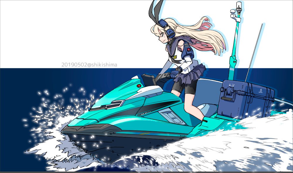 1girl anchor anchor_symbol artist_name bike_shorts black_eyes blonde_hair blue_skirt closed_mouth dated gloves headband headset jet_ski kantai_collection long_hair pleated_skirt sailor_collar shikishima_fugen shimakaze_(kantai_collection) shorts shorts_under_skirt skirt smile solo watch water waves