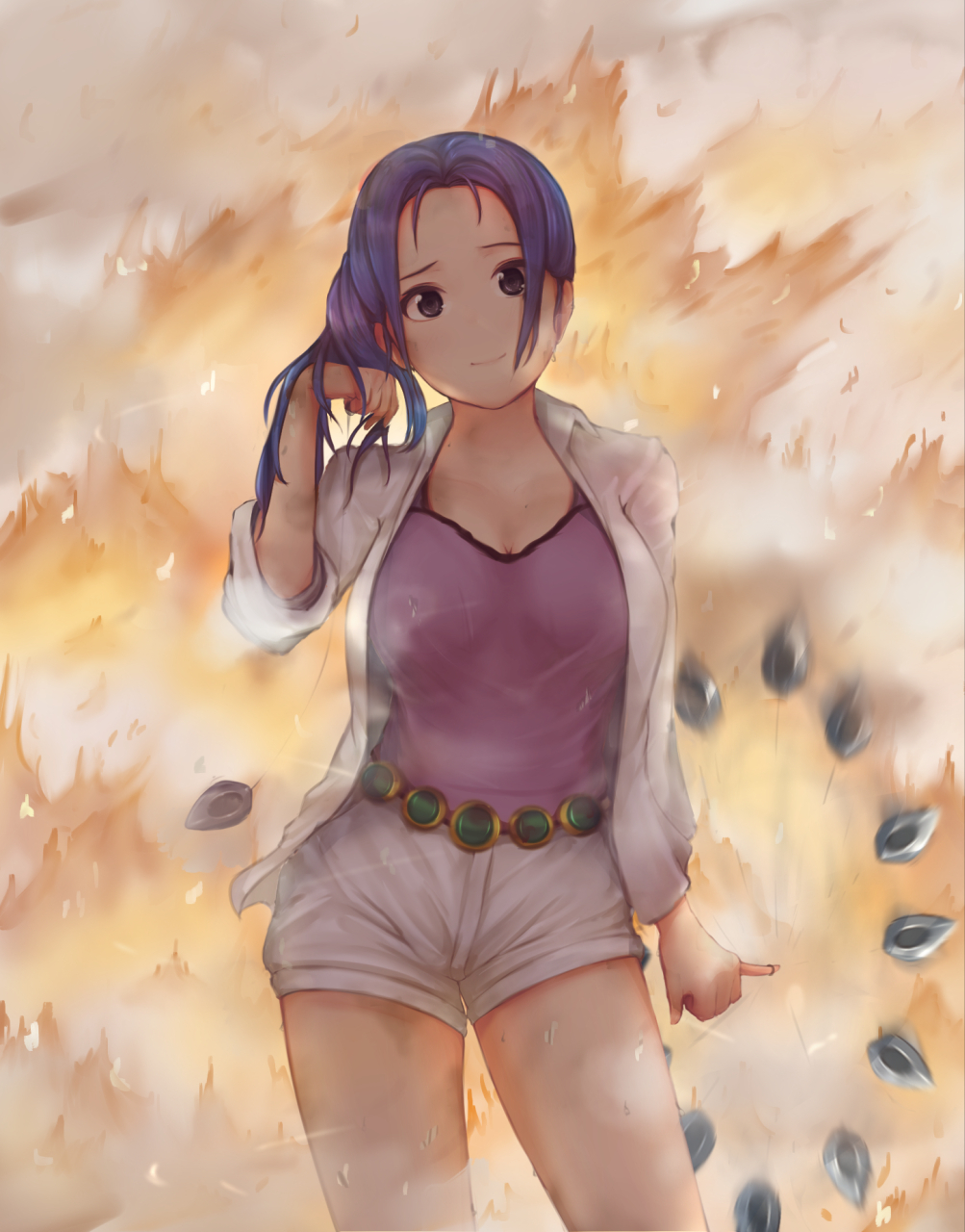 1girl black_eyes blue_hair breasts camisole commentary_request contrapposto cowboy_shot fire hand_in_hair highres large_breasts long_hair nefertari_vivi one_piece open_clothes open_shirt pinky_out ponytail shirt short_shorts shorts smile smoke solo tatawan white_shirt white_shorts