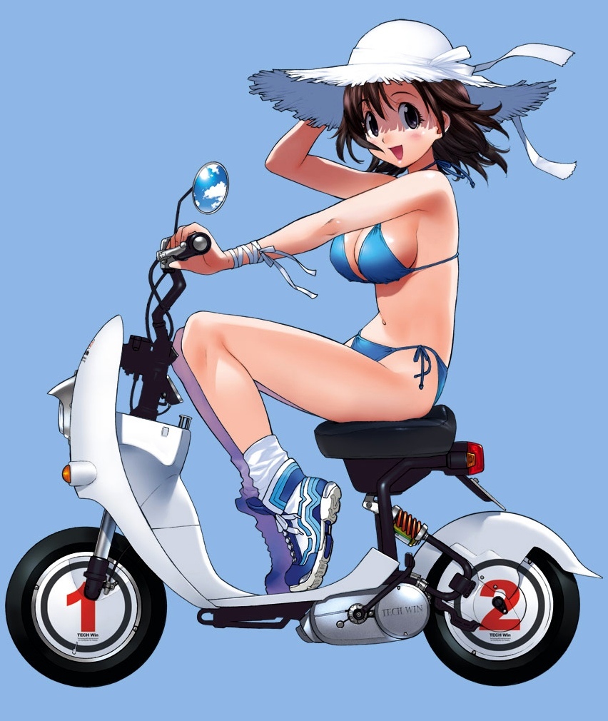 breasts brown_hair hat moped motor_vehicle motorcycle scooter shoes side-tie_bikini sneakers straw_hat sun_hat swimsuit vehicle yoshizaki_mine