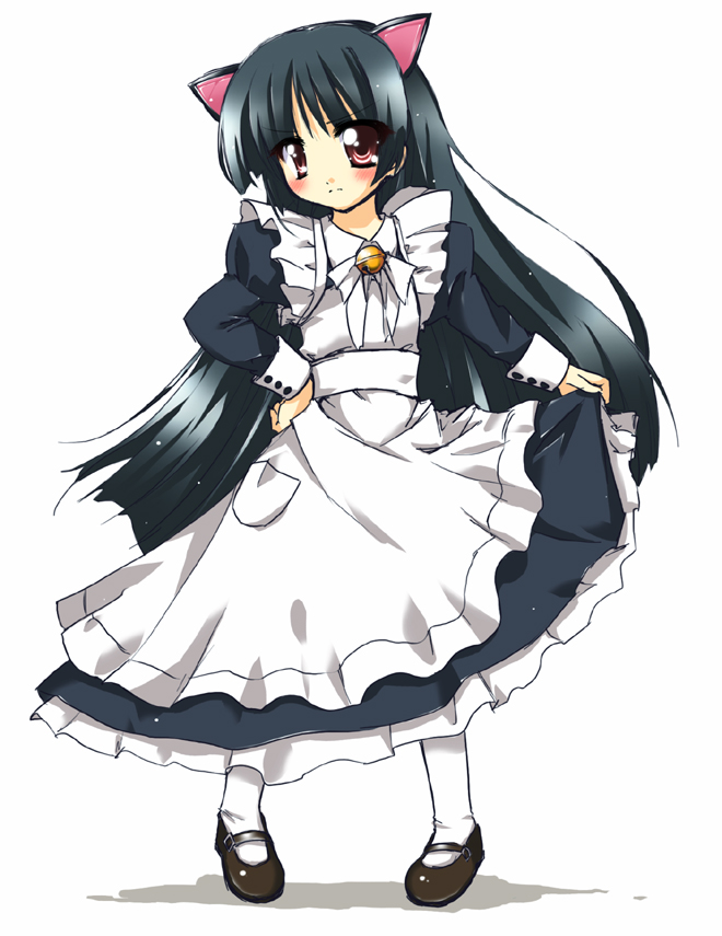 bell black_hair cat_ears long_hair maid mary_janes pantyhose red_eyes shoes