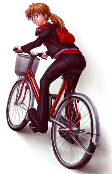 backpack bag bicycle cruiser_bicycle emoncake. jacket long_hair neon_genesis_evangelion ponytail red_hair redhead souryuu_asuka_langley