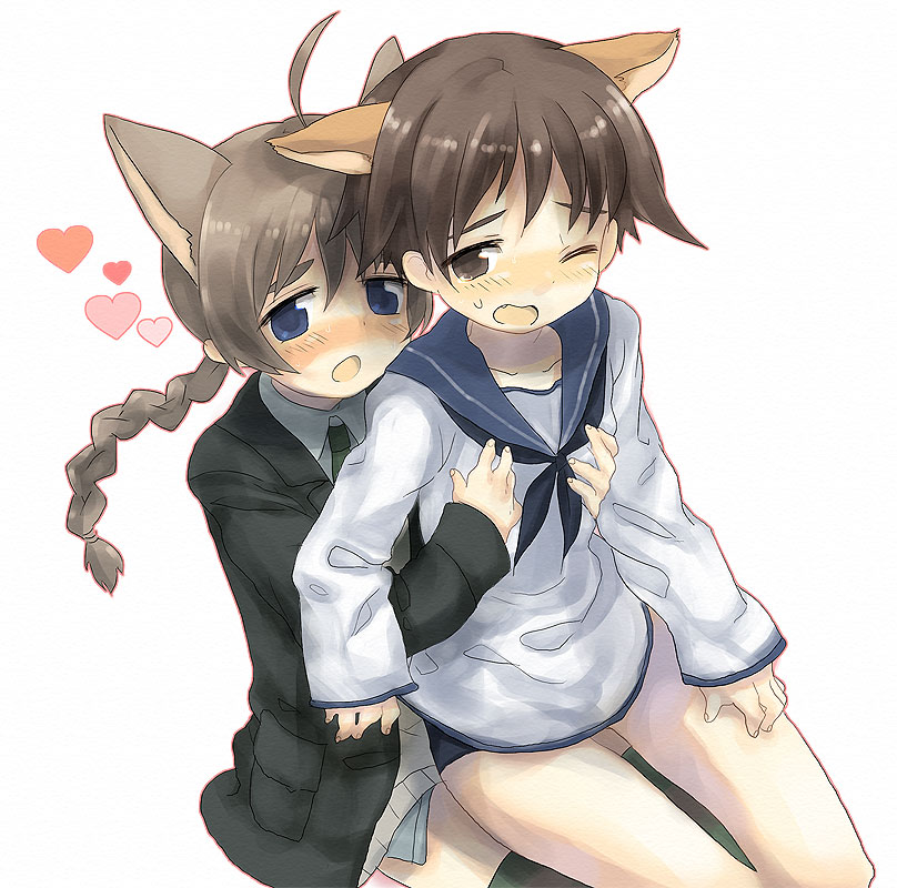 ahoge animal_ears bad_id braid breast_grab breasts brown_hair dadami fang heart hug hug_from_behind light_brown_hair lightbrown_hair lynette_bishop miyafuji_yoshika multiple_girls school_uniform single_braid strike_witches yuri