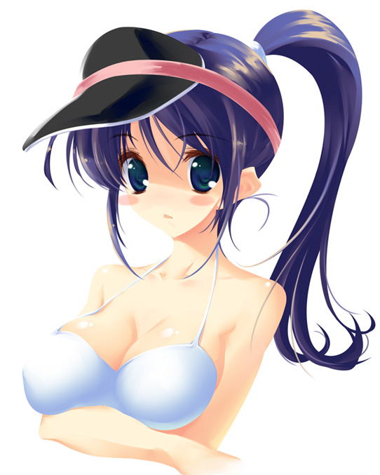 breast_hold breasts cleavage ikasoumen_riku large_breasts ponytail purple_hair swimsuit visor visor_cap
