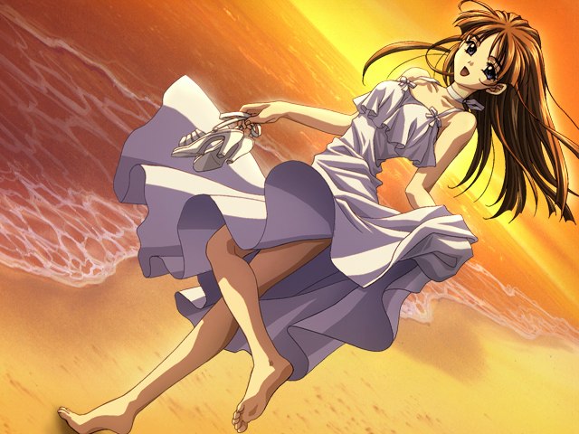 beach blue_eyes brown_hair carnelian dress dutch_angle game_cg high_heels holding holding_shoes ocean re_leaf shoes source_request sunset toes wind