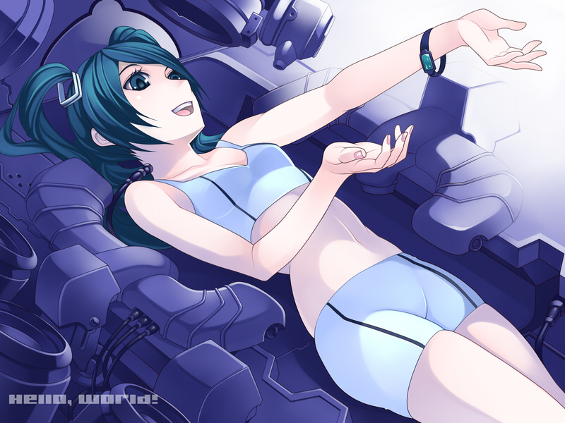 bike_shorts bra green_eyes green_hair hands hatsune_miku lingerie lying single_vertical_stripe sports_bra torigoe_takumi twintails underwear vocaloid watch wristwatch