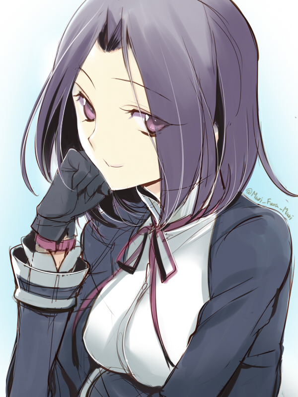 1girl bangs bust elbow_rest kantai_collection looking_at_viewer parted_bangs primary_stage purple_hair school_uniform short_hair solo tatsuta_(kantai_collection) violet_eyes