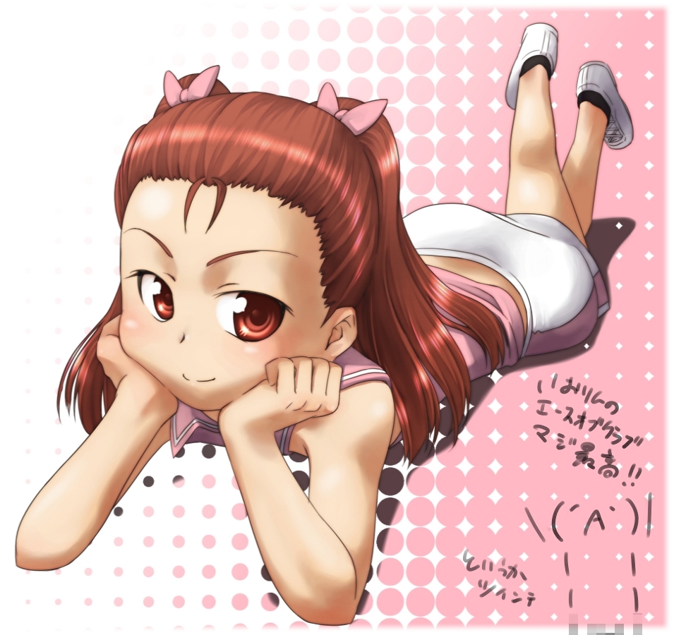 hair_bow idolmaster long_hair lying minase_iori on_stomach red_eyes red_hair shoes skirt sleeveless smile sneakers solo translation_request ttomm twintails