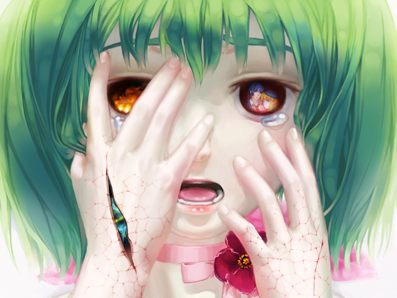 bad_end blood caught_in_the_act choker cracks fire flower green_hair janemere jewelry macross macross_frontier monster ranka_lee saotome_alto sheryl_nome short_hair spoilers tears vajra