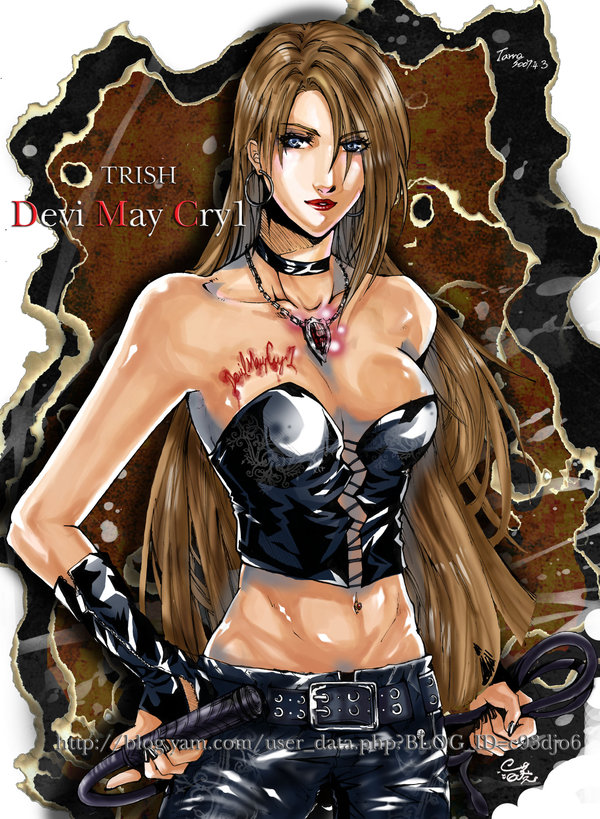 bare_shoulders belt blood blue_eyes body_writing breasts bridal_gauntlets brown_hair choker cleavage corset crop_top devil_may_cry earrings hoop_earrings jewelry leather lipstick long_hair midriff nail_polish necklace pendant solo trish tubetop very_long_hair whip