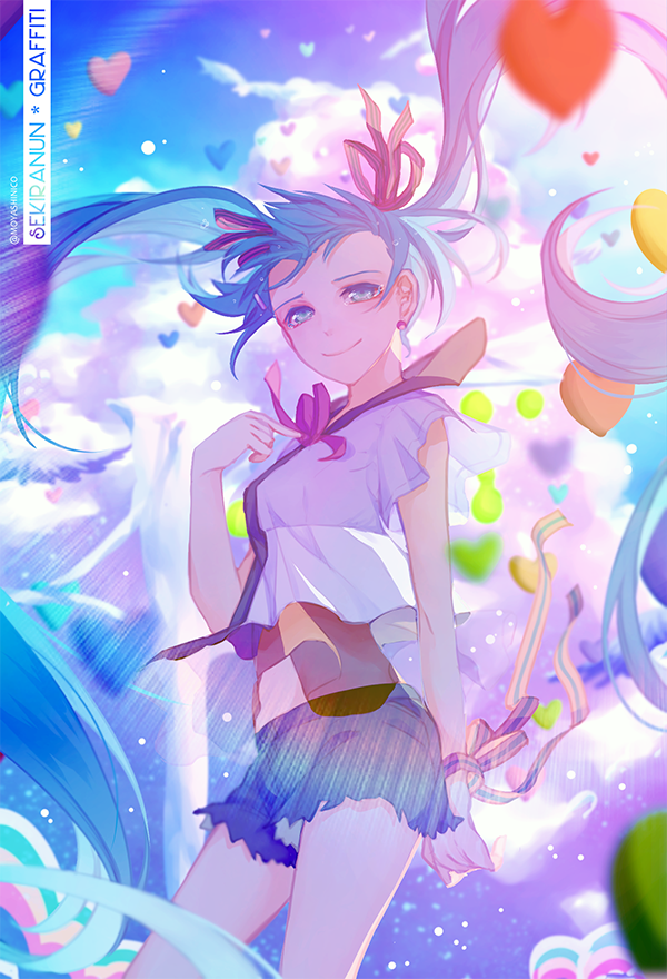 1girl arm_at_side bare_legs blue_eyes blue_hair blue_sky blurry blurry_foreground bracelet breasts clothes_lift clouds cloudy_sky copyright_name crying crying_with_eyes_open day depth_of_field floating floating_hair frilled_skirt frilled_sleeves frills hair_ribbon hand_on_own_chest hatsune_miku heart jewelry light_particles long_hair looking_at_viewer medium_breasts midriff monicanc outdoors ribbon sekiranun_graffiti_(vocaloid) shirt shorts skirt sky smile solo sunlight tears twintails twitter_username vocaloid white_shirt wide_sleeves wind wind_lift