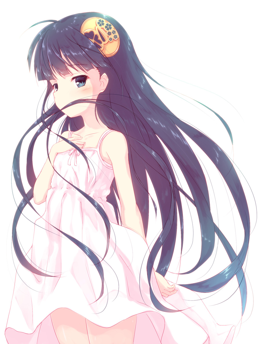 1girl bangs bare_arms bare_shoulders black_hair blue_eyes blush collarbone commentary_request covered_mouth dress eyebrows_visible_through_hair hair_ornament hand_up highres long_hair looking_at_viewer original simple_background sleeveless sleeveless_dress solo sundress very_long_hair white_background white_dress yuku_(kiollion)