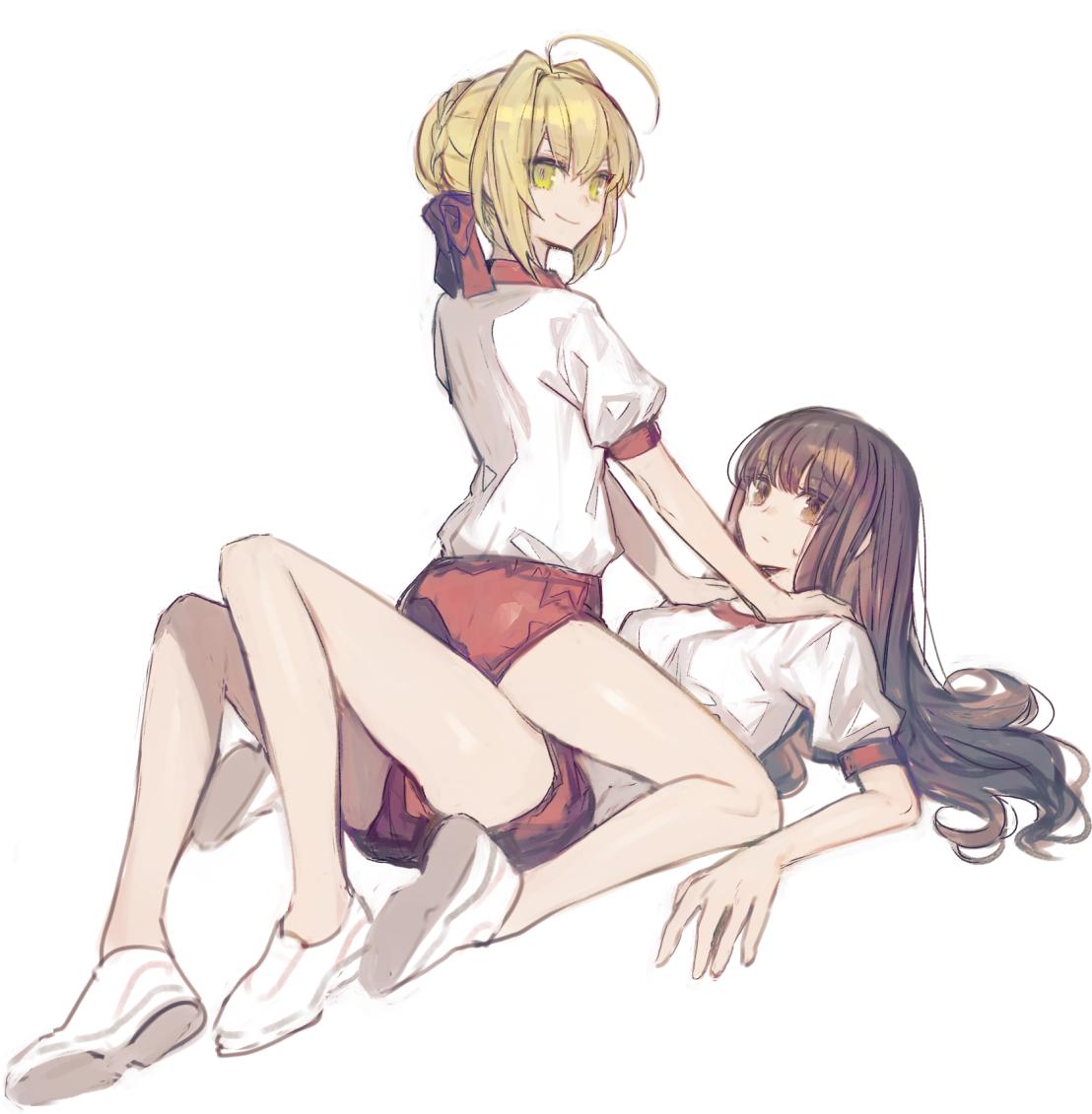 2girls ahoge bangs blonde_hair blunt_bangs brown_eyes brown_hair buruma chocoan fate/extra fate_(series) gym_uniform hair_bun hair_ribbon kishinami_hakuno_(female) long_hair looking_at_another multiple_girls nero_claudius_(fate) nero_claudius_(fate)_(all) ribbon shoes short_hair simple_background smirk sneakers straddling sweatdrop very_long_hair white_background yellow_eyes yuri