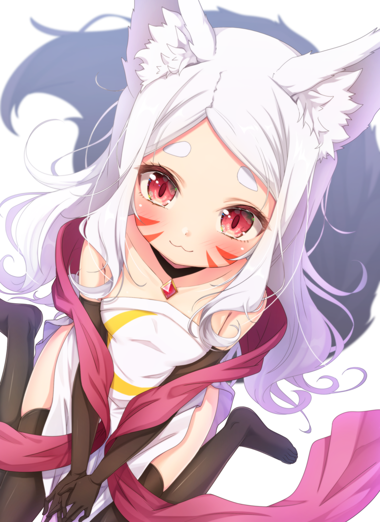 1girl :3 animal_ear_fluff animal_ears bangs blush brown_gloves brown_legwear closed_mouth collarbone dress dutch_angle elbow_gloves facial_mark forehead fox_ears fox_girl fox_tail gloves long_hair matokechi no_shoes parted_bangs pelvic_curtain red_eyes sewayaki_kitsune_no_senko-san shawl shiro_(sewayaki_kitsune_no_senko-san) short_eyebrows simple_background sitting smile solo strapless strapless_dress tail thick_eyebrows thigh-highs v_arms very_long_hair wariza white_background white_dress white_hair