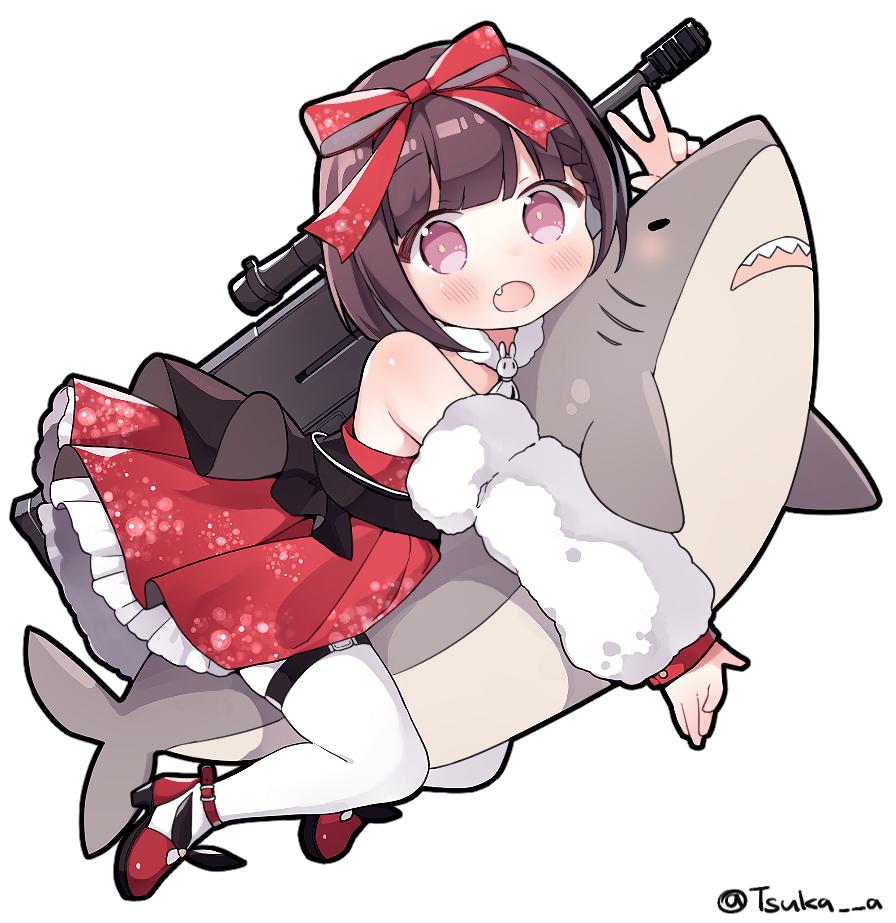 1girl :o animal arm_up bangs bare_shoulders blush bow brown_hair commentary_request detached_sleeves dress fang full_body girls_frontline hair_bow high_heels long_sleeves looking_at_viewer m99_(girls_frontline) object_namesake open_mouth pantyhose pleated_dress puffy_long_sleeves puffy_sleeves red_bow red_dress red_footwear shark shoes simple_background sleeves_past_wrists solo tsuka twitter_username v violet_eyes white_background white_legwear white_sleeves zijiang_m99