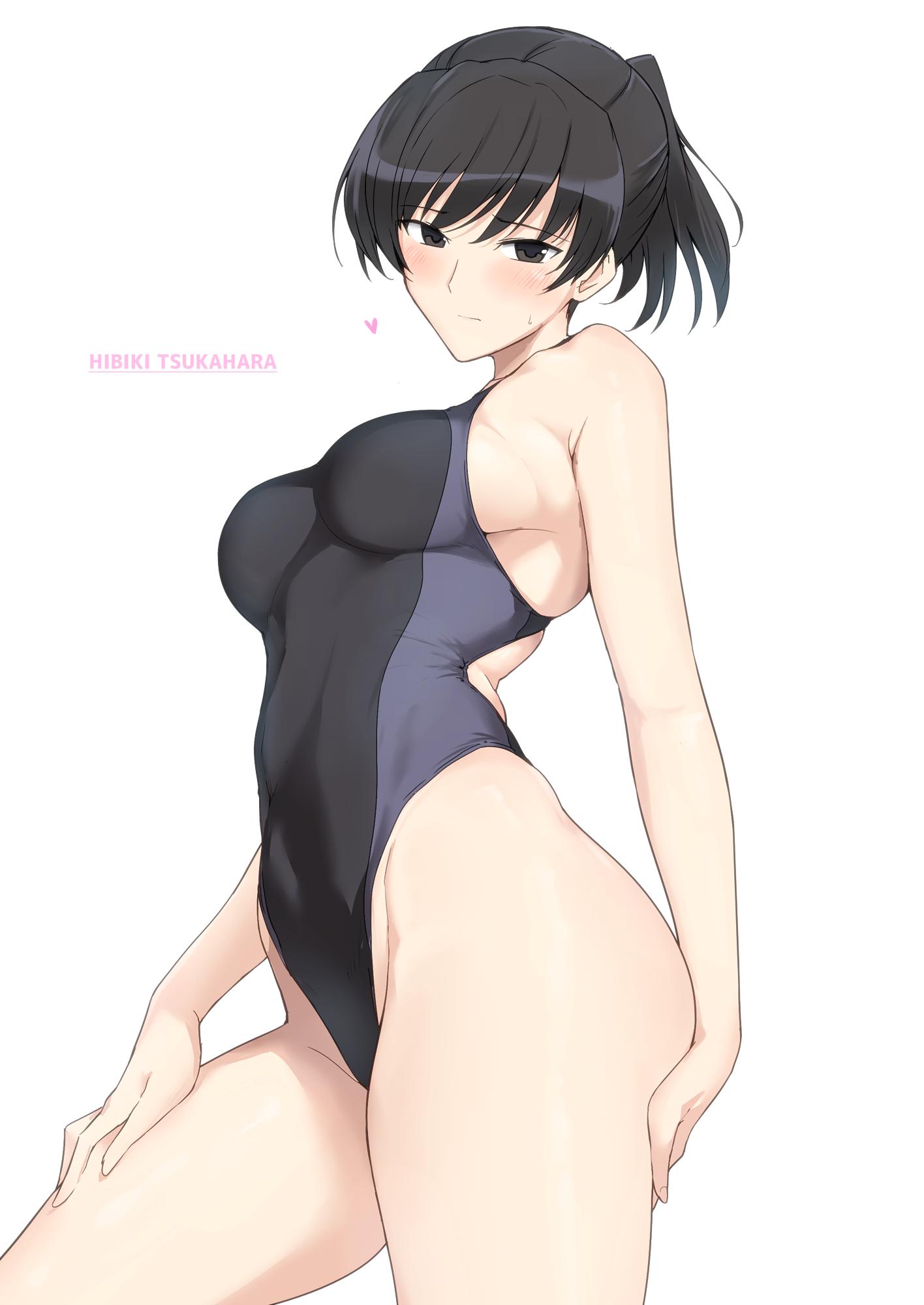 1girl amagami bangs black_eyes black_hair blush breasts character_name closed_mouth commentary_request competition_swimsuit cowboy_shot harukon_(halcon) highres large_breasts looking_at_viewer one-piece_swimsuit ponytail simple_background solo swimsuit tsukahara_hibiki white_background