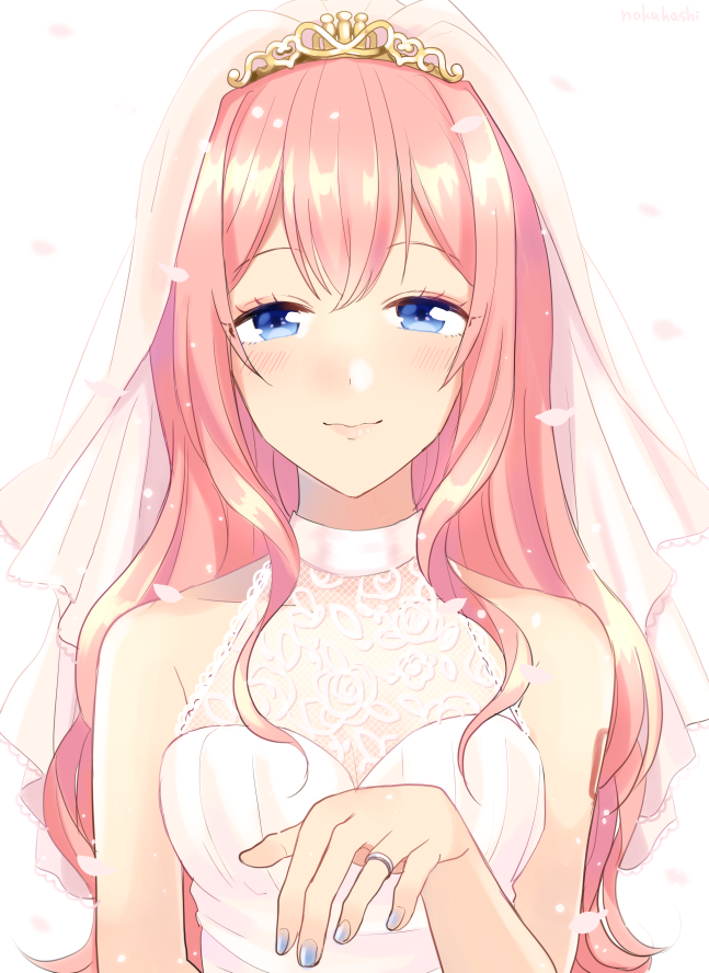 1girl blue_eyes bridal_veil bride commentary dress half-closed_eye hand_up jewelry lace light_blush lipstick long_hair looking_at_viewer makeup megurine_luka nail_polish nokuhashi petals pink_hair ring smile solo straight_hair upper_body veil vocaloid wedding_dress wedding_ring white_background white_dress