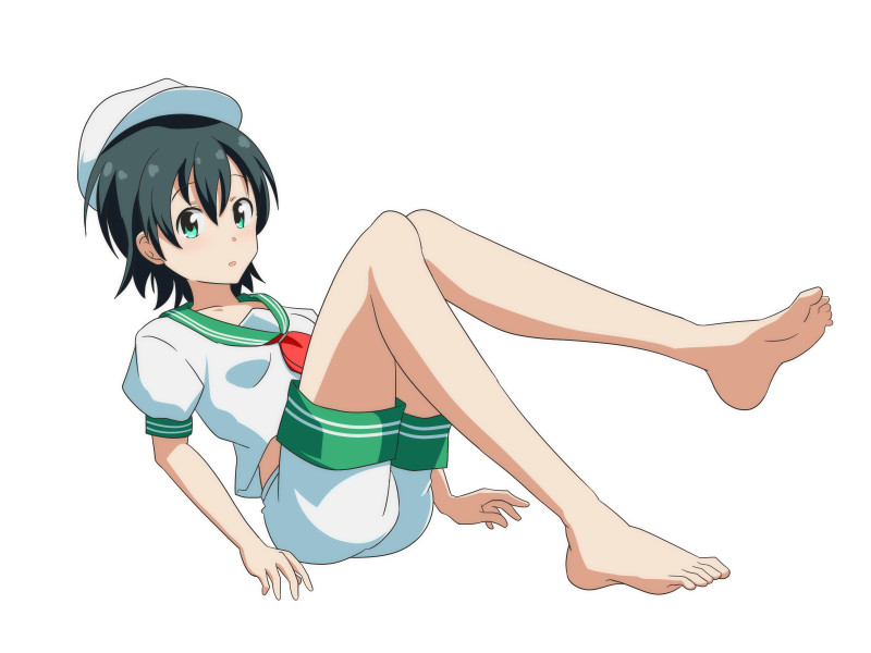 1girl ass bangs bare_legs barefoot black_hair blush cato_(monocatienus) collarbone commentary_request eyebrows_visible_through_hair full_body green_eyes green_sailor_collar hair_between_eyes hat knees_up looking_at_viewer midriff_peek murasa_minamitsu neckerchief parted_lips puffy_short_sleeves puffy_sleeves red_neckwear sailor_collar sailor_hat sailor_shirt shirt short_hair short_sleeves shorts simple_background solo thighs touhou white_background white_headwear white_shirt white_shorts