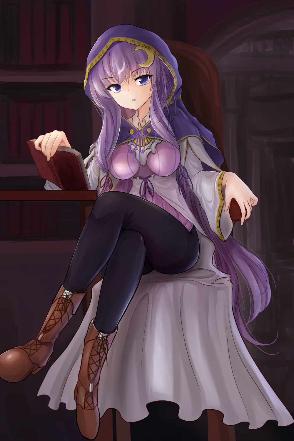 black_legwear boots crossed_legs highres namiki_(remiter00) pantyhose patchouli_knowledge touhou